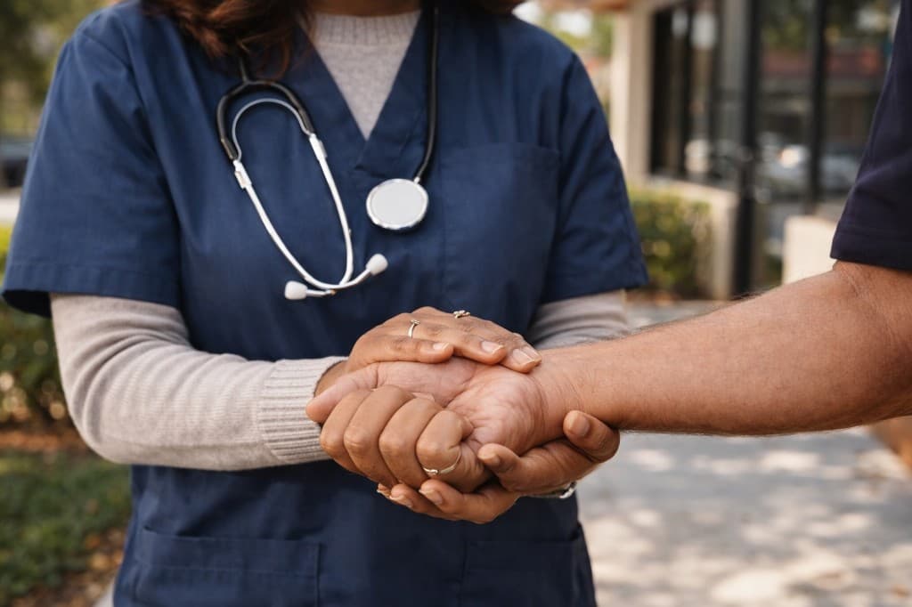 Clinician supporting a patient with a comforting hand hold